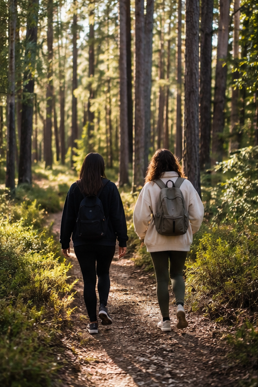 Two people walking together on a forest trail